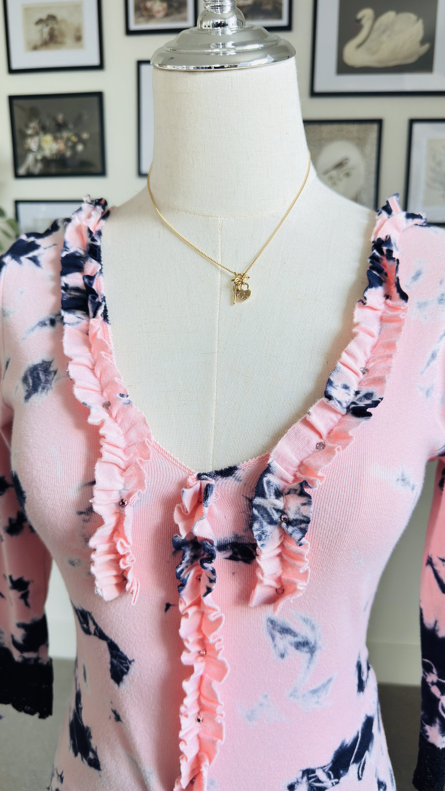 Green Apple Los Angeles Pink Tie-Dye Rhinestone Ruffle Top - Size S