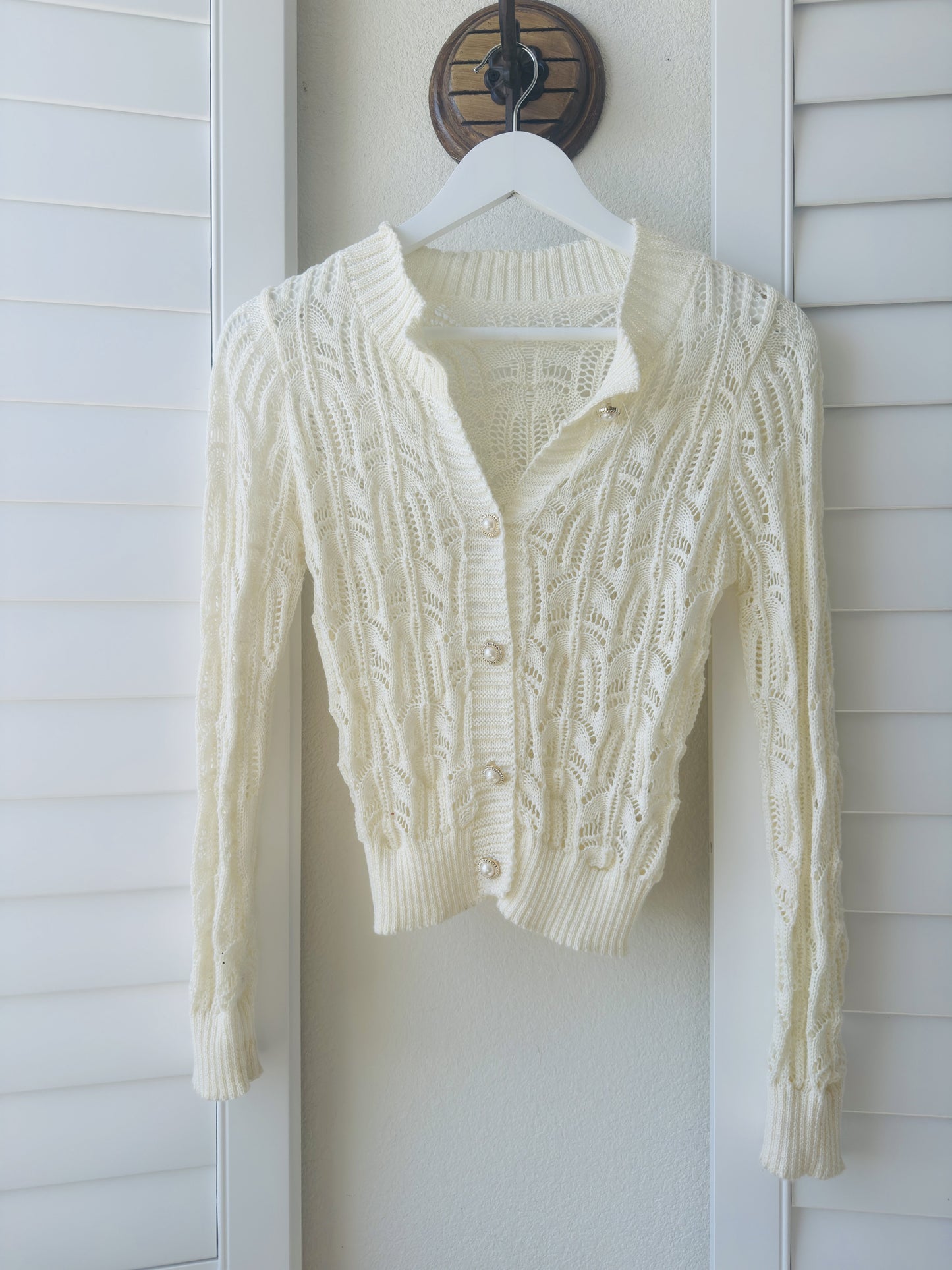 Cream Crochet-Style Pointelle Knit Cardigan - Size S