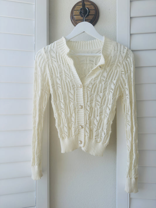 Cream Crochet-Style Pointelle Knit Cardigan - Size S