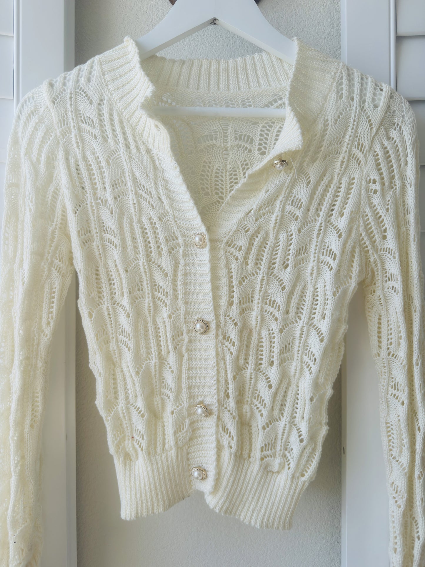 Cream Crochet-Style Pointelle Knit Cardigan - Size S