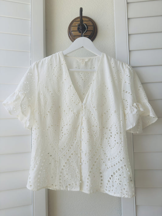Adiva White Cotton Eyelet V-Neck Blouse Size M