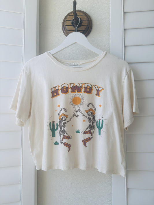 Mccnchild 'Howdy' Dancing Skeletons Graphic Crop Tee - Size L