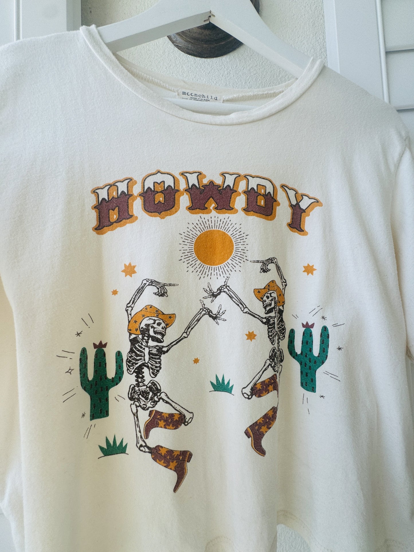 Mccnchild 'Howdy' Dancing Skeletons Graphic Crop Tee - Size L