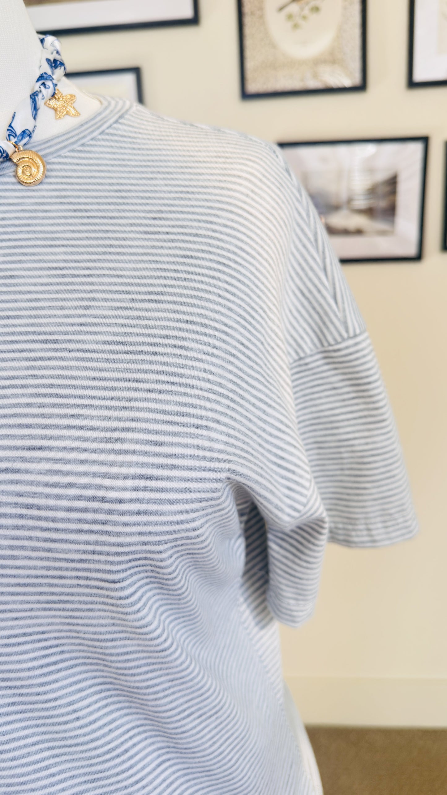 Striped Dropped-Shoulder Short Sleeve Top - Size M