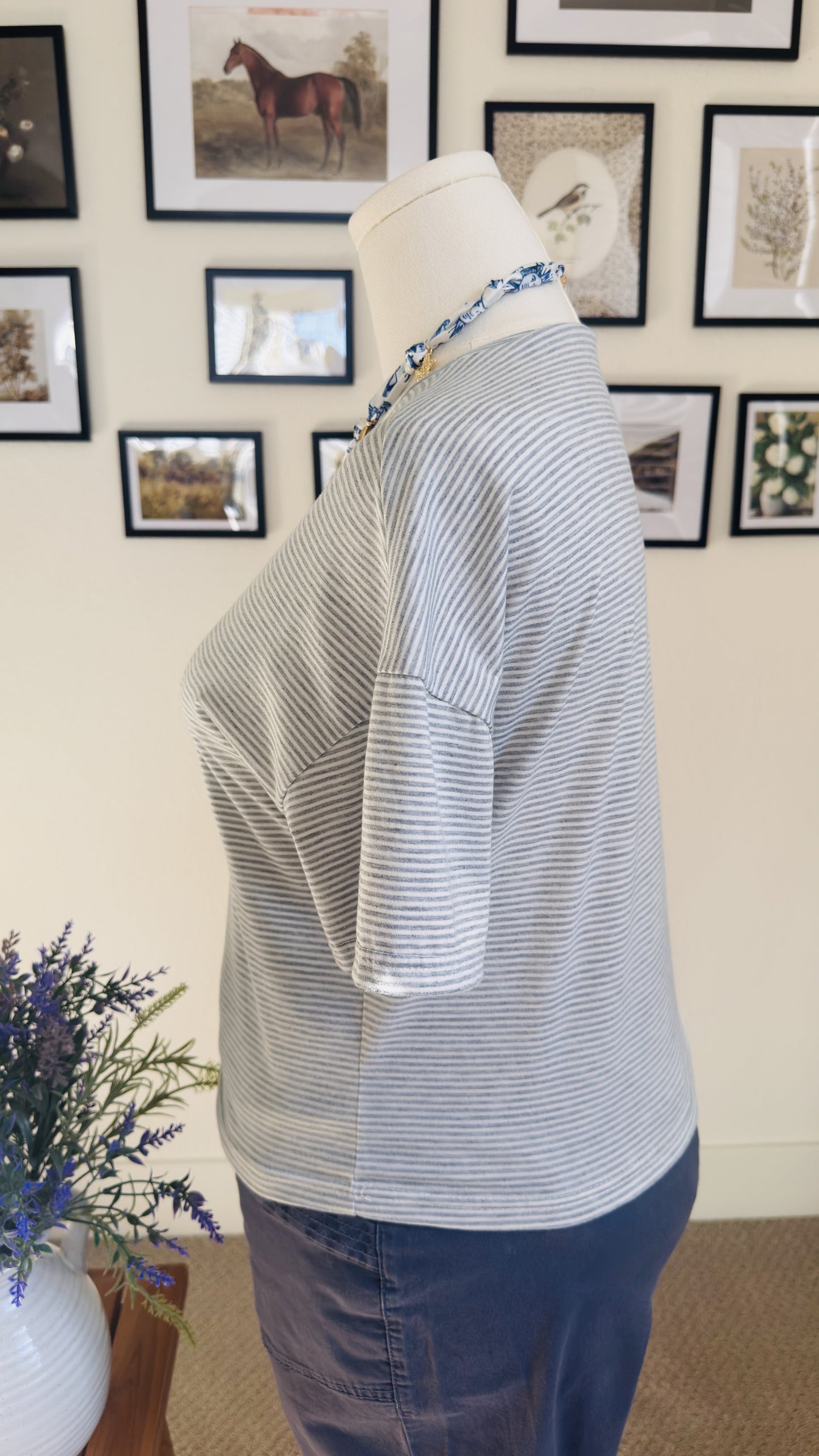 Striped Dropped-Shoulder Short Sleeve Top - Size M