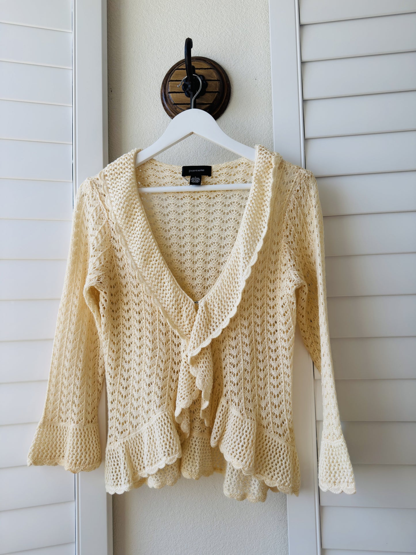 Pointelle Cream Linen-Cotton Blend Open Knit Ruffled Cardigan - Size L