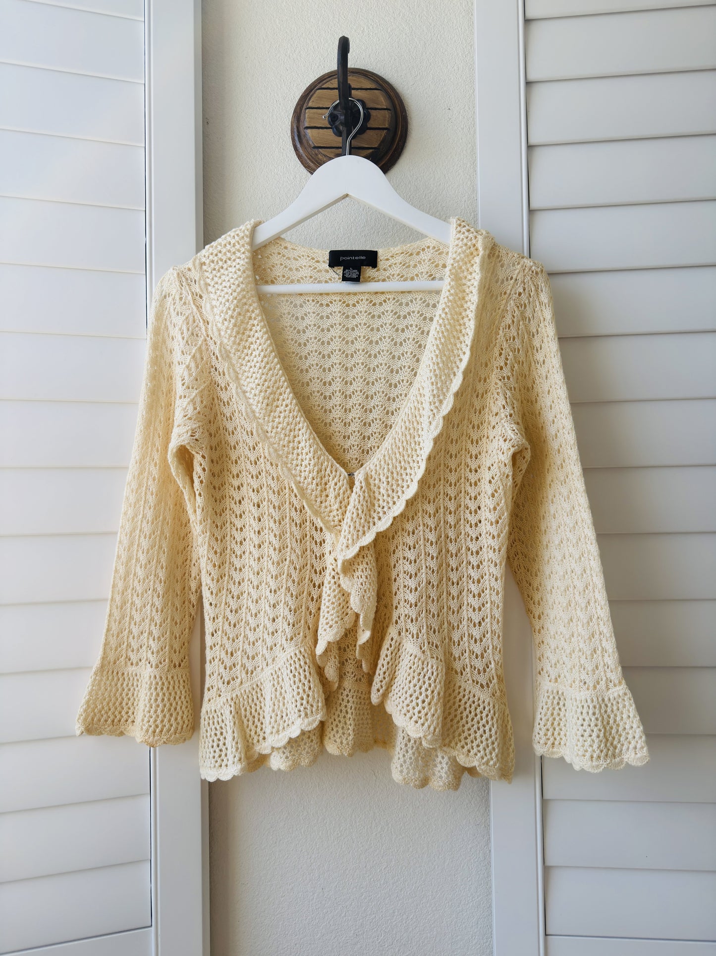 Pointelle Cream Linen-Cotton Blend Open Knit Ruffled Cardigan - Size L