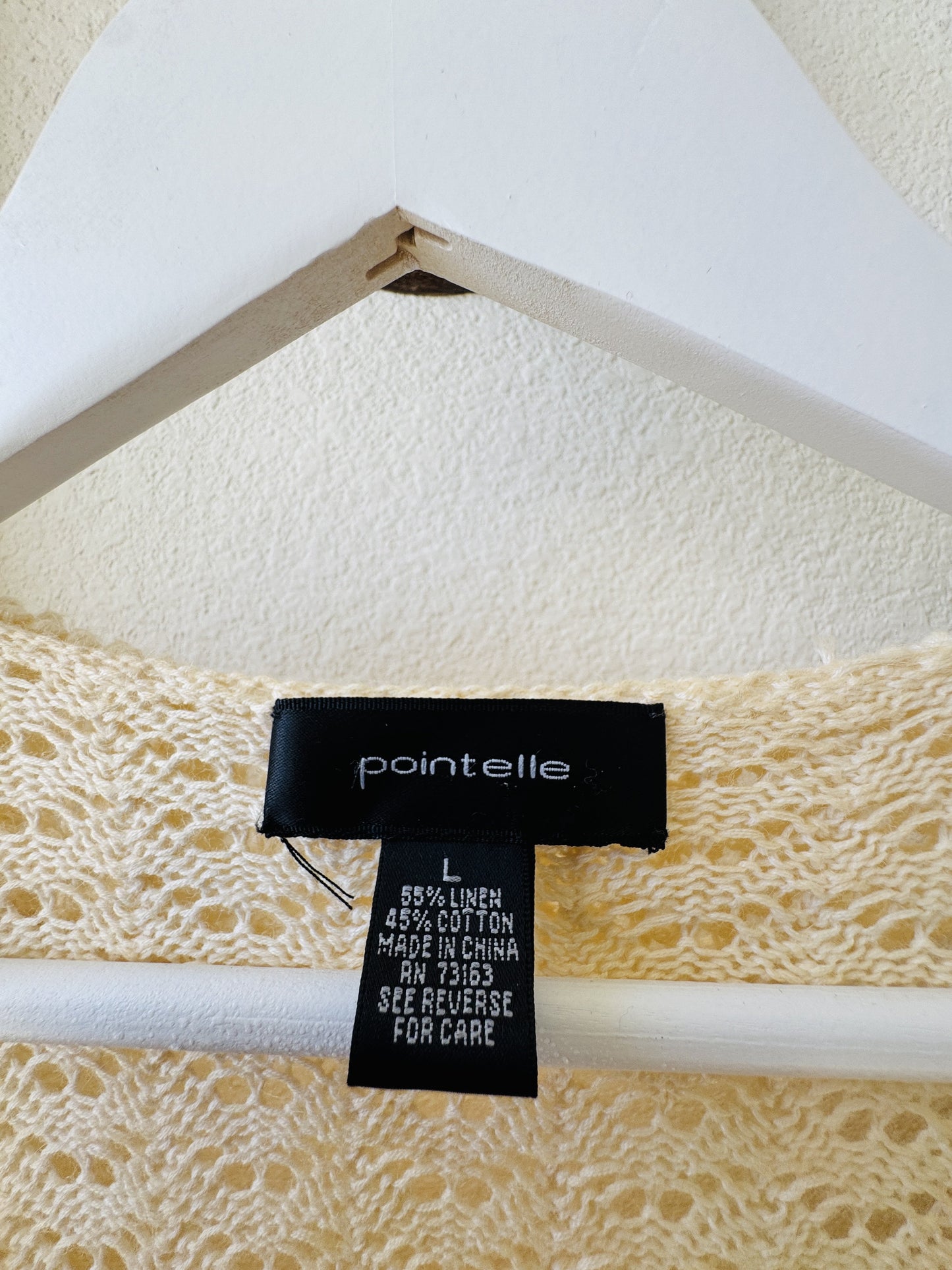Pointelle Cream Linen-Cotton Blend Open Knit Ruffled Cardigan - Size L