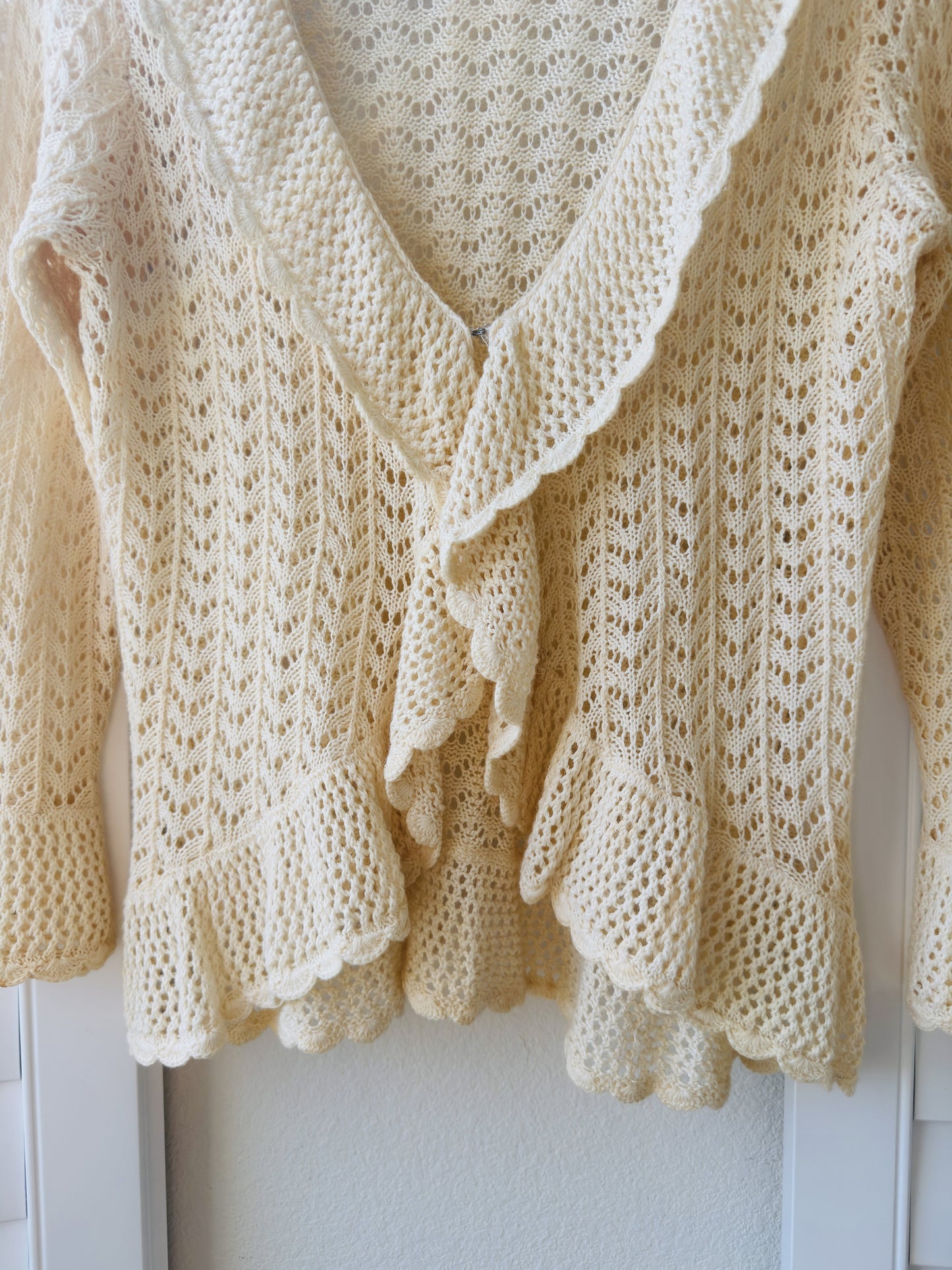 Pointelle Cream Linen-Cotton Blend Open Knit Ruffled Cardigan - Size L