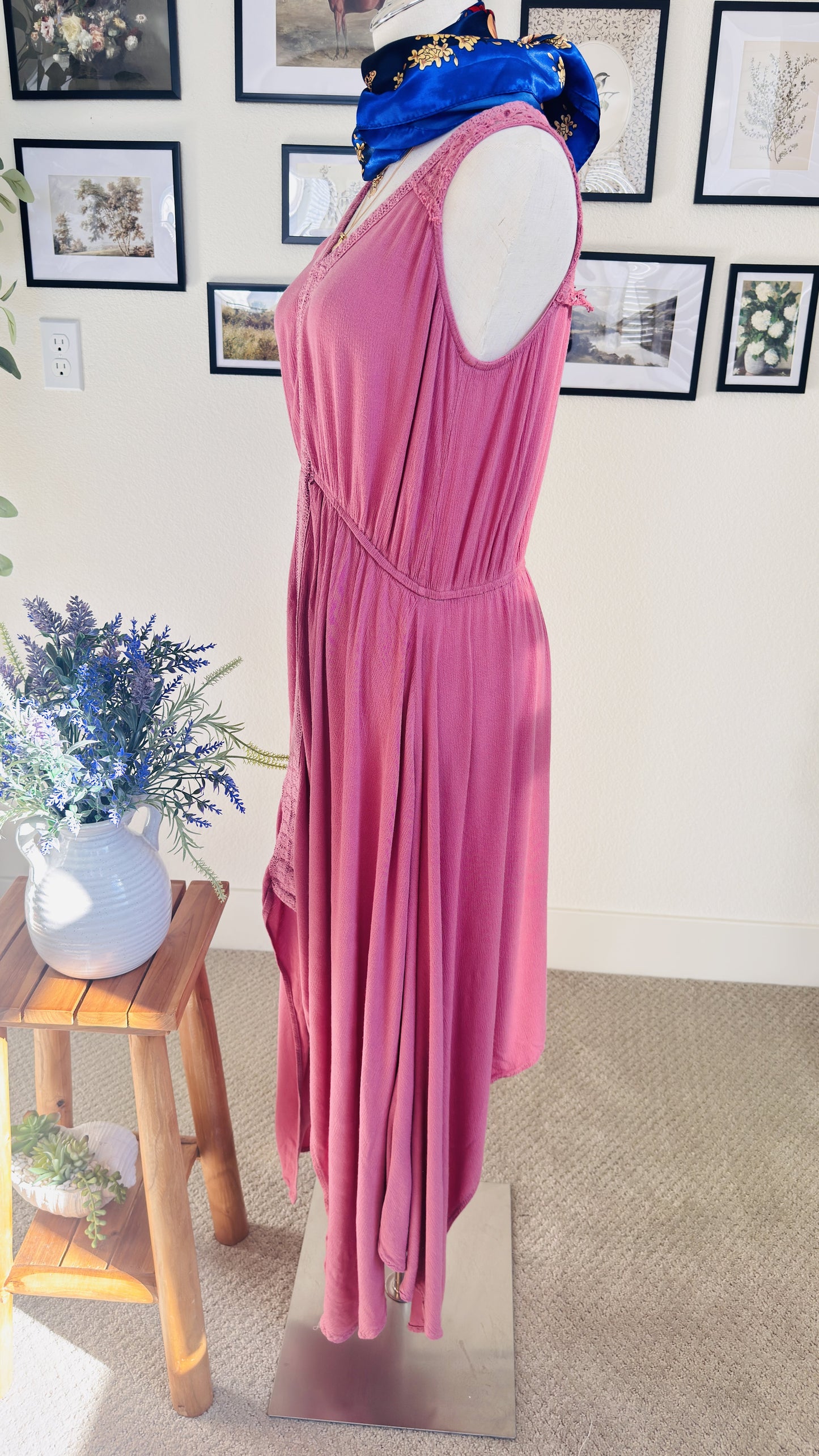 Style & Co Pink Crochet Lace Handkerchief Hem Dress - Size S
