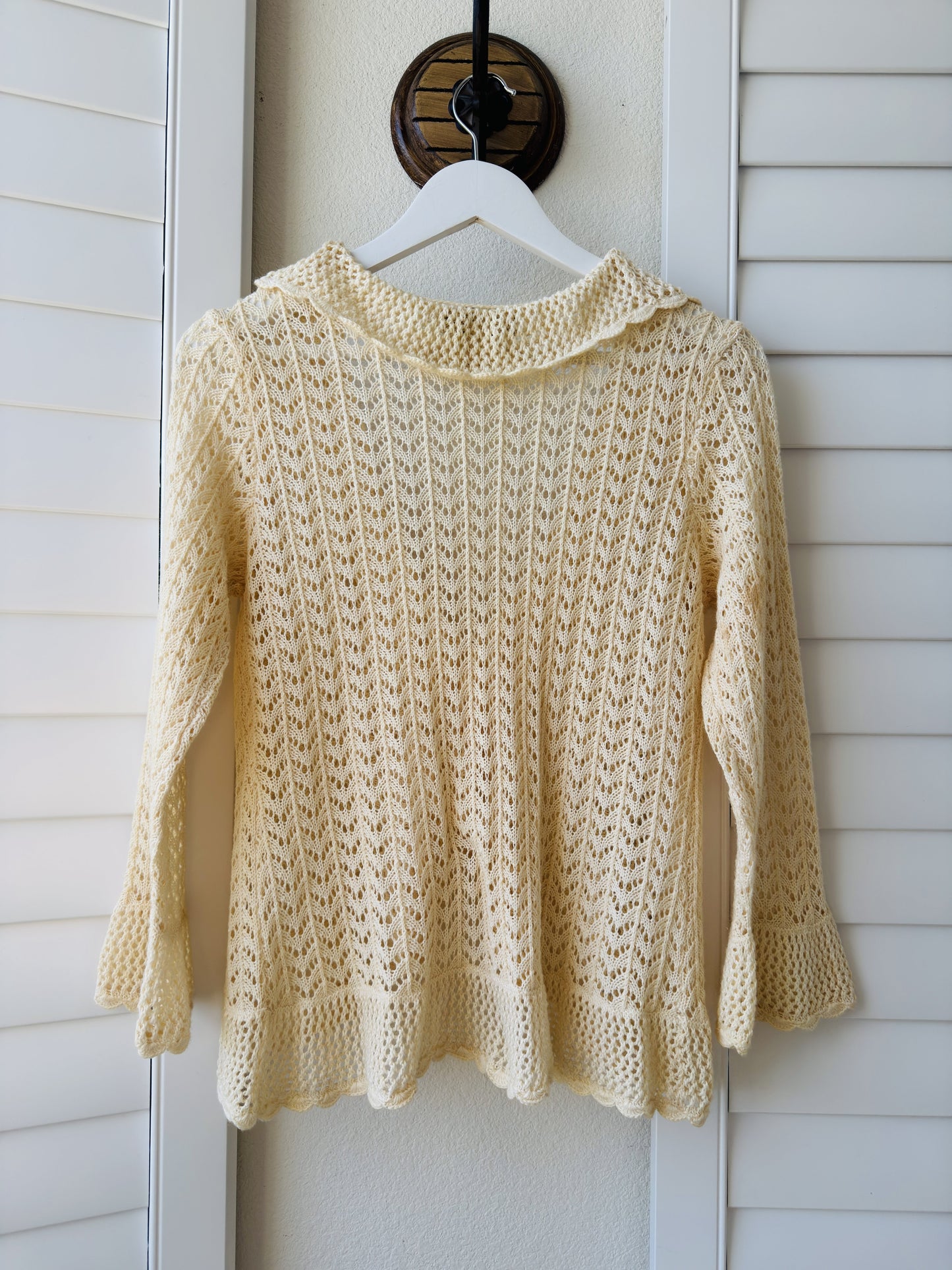 Pointelle Cream Linen-Cotton Blend Open Knit Ruffled Cardigan - Size L