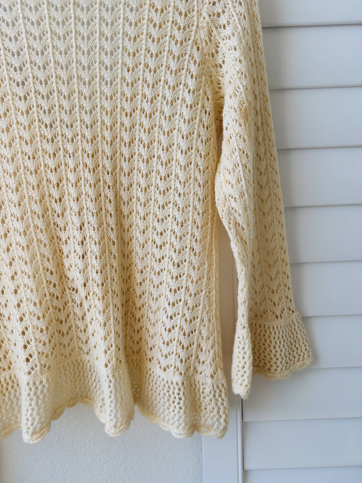 Pointelle Cream Linen-Cotton Blend Open Knit Ruffled Cardigan - Size L