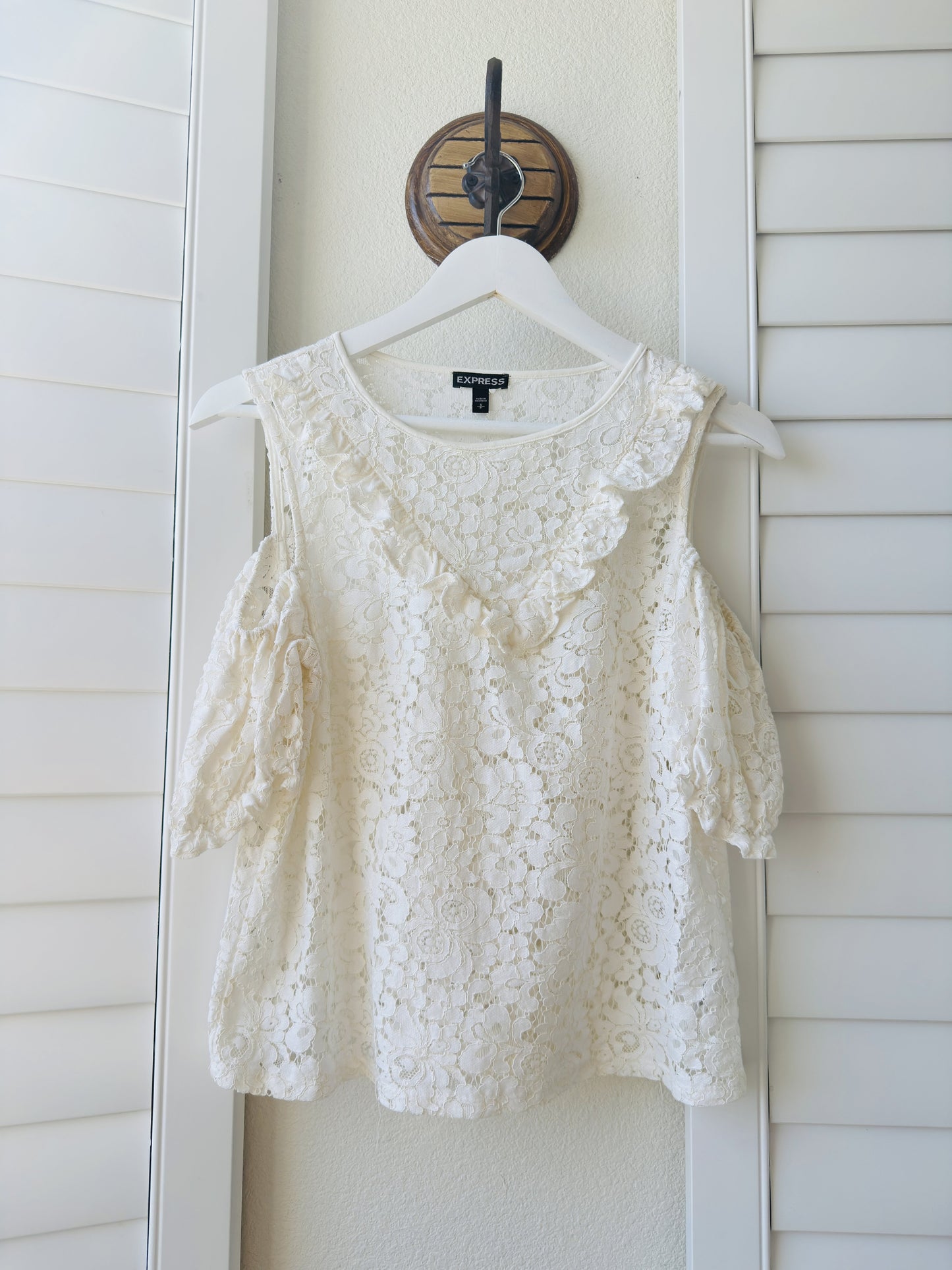 Express White Lace Cold-Shoulder Ruffle Top - Size S