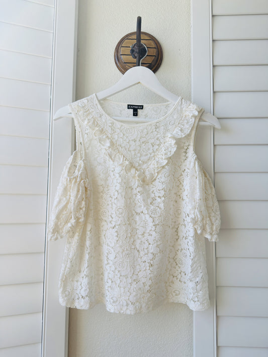 Express White Lace Cold-Shoulder Ruffle Top - Size S