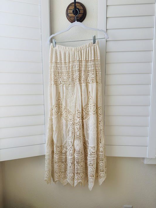 Unbranded Boho Cream Crochet Lace Tiered Maxi Skirt - Size M