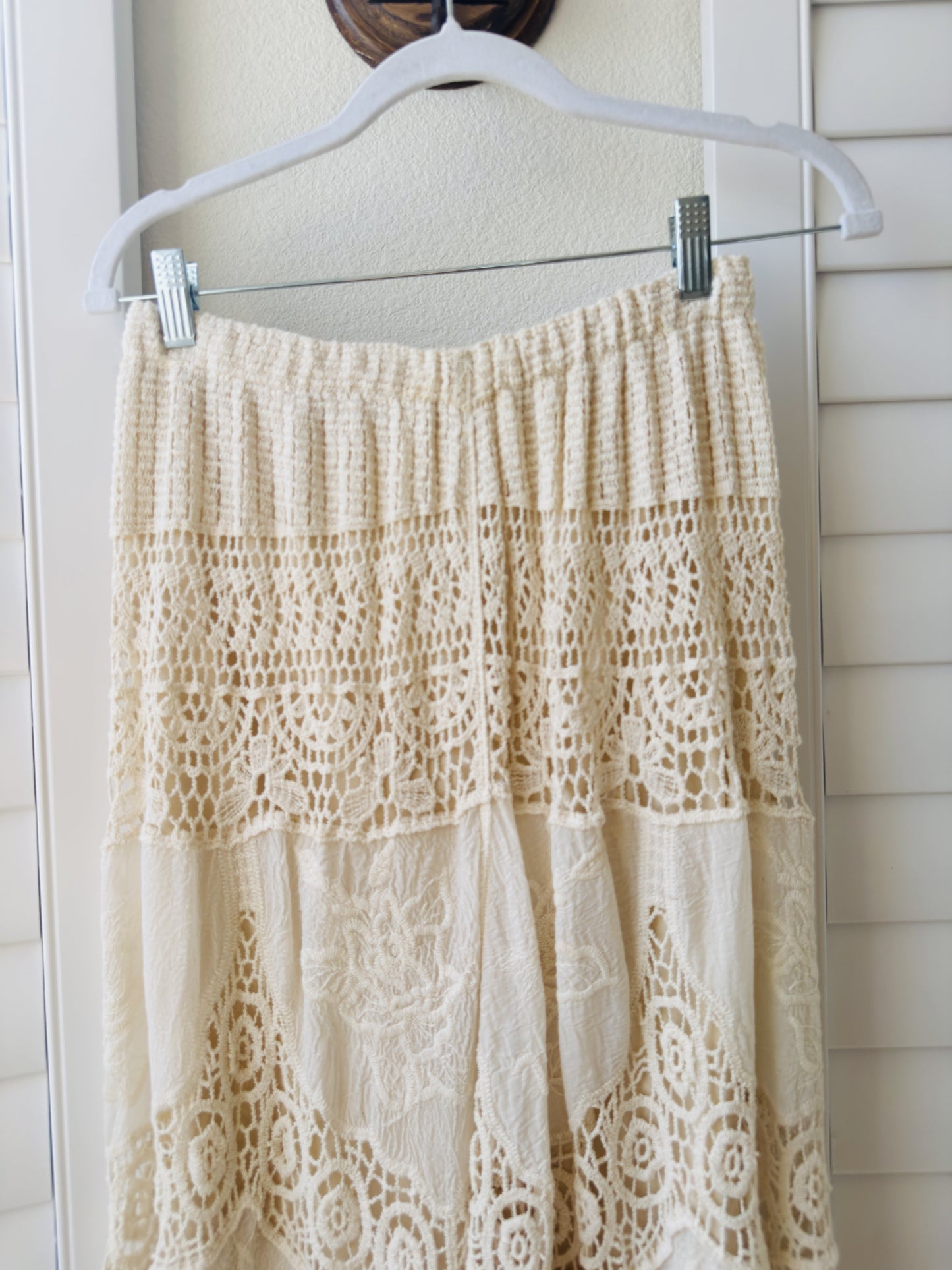 Unbranded Boho Cream Crochet Lace Tiered Maxi Skirt - Size M
