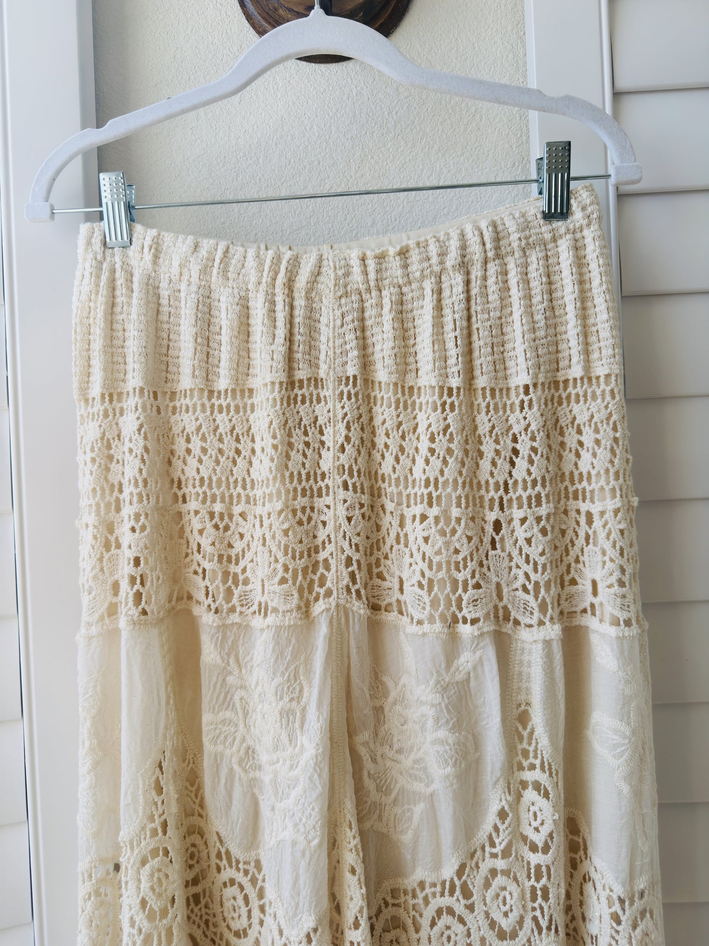 Unbranded Boho Cream Crochet Lace Tiered Maxi Skirt - Size M