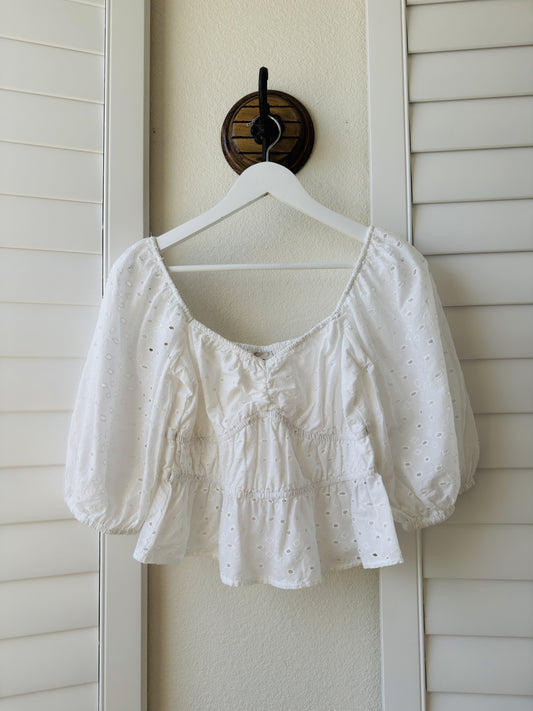 A New Day White Eyelet Puff Sleeve Peplum Top Size S