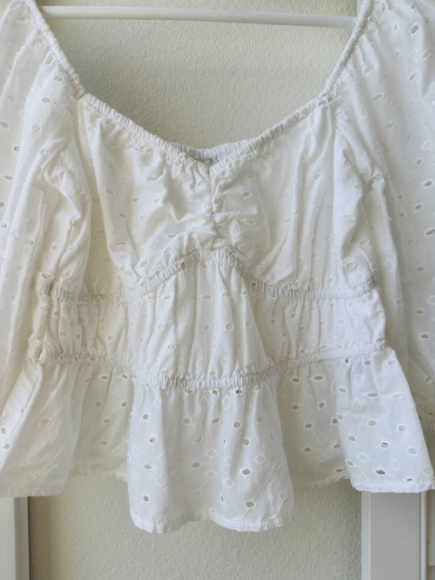 A New Day White Eyelet Puff Sleeve Peplum Top Size S