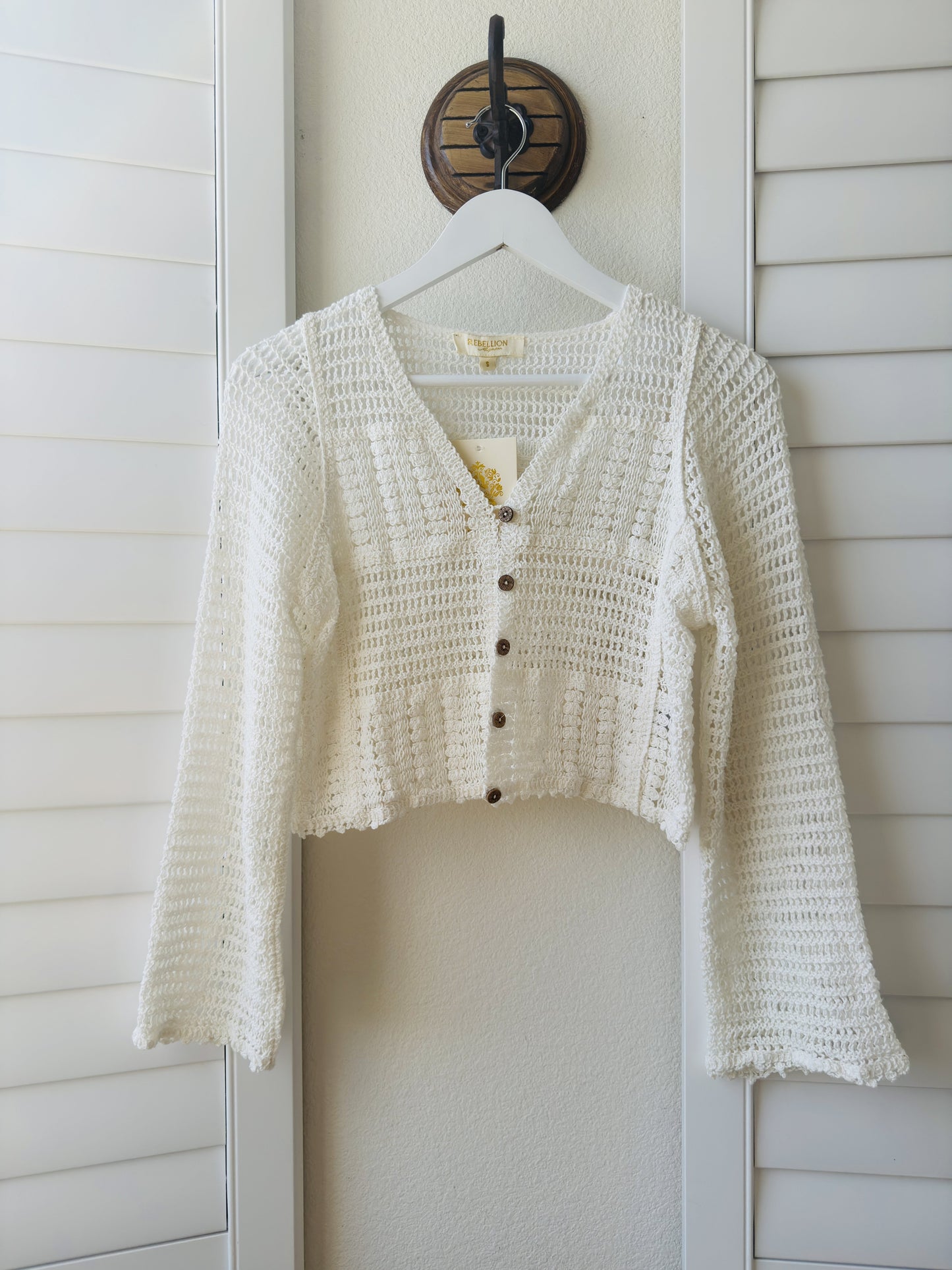Rebellion Again White Crochet Cropped Cardigan - Size S