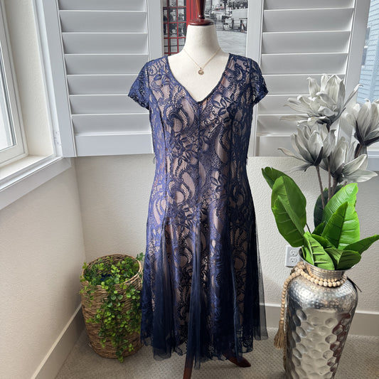 Cardalite Women's Navy Blue Lace V-Neck Cap Sleeve Dress 2X