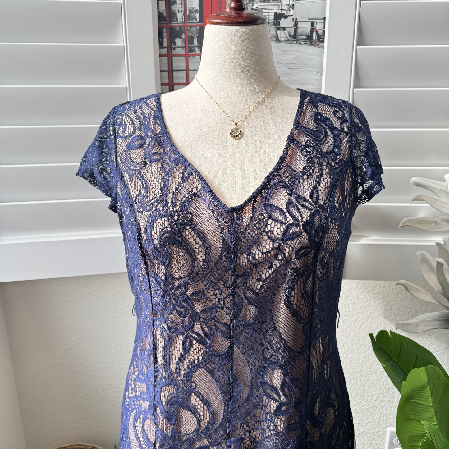 Cardalite Women's Navy Blue Lace V-Neck Cap Sleeve Dress 2X