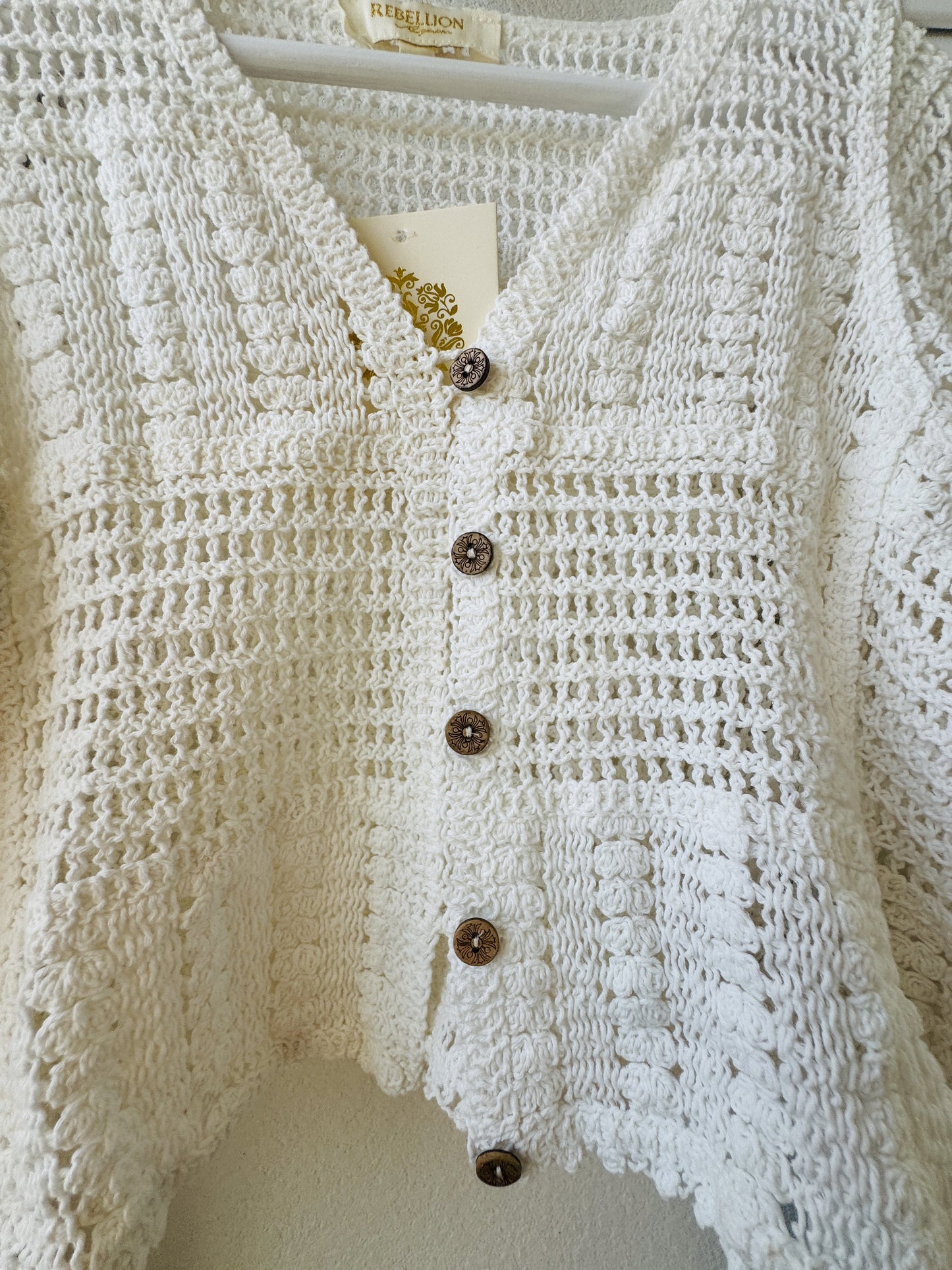Rebellion Again White Crochet Cropped Cardigan - Size S
