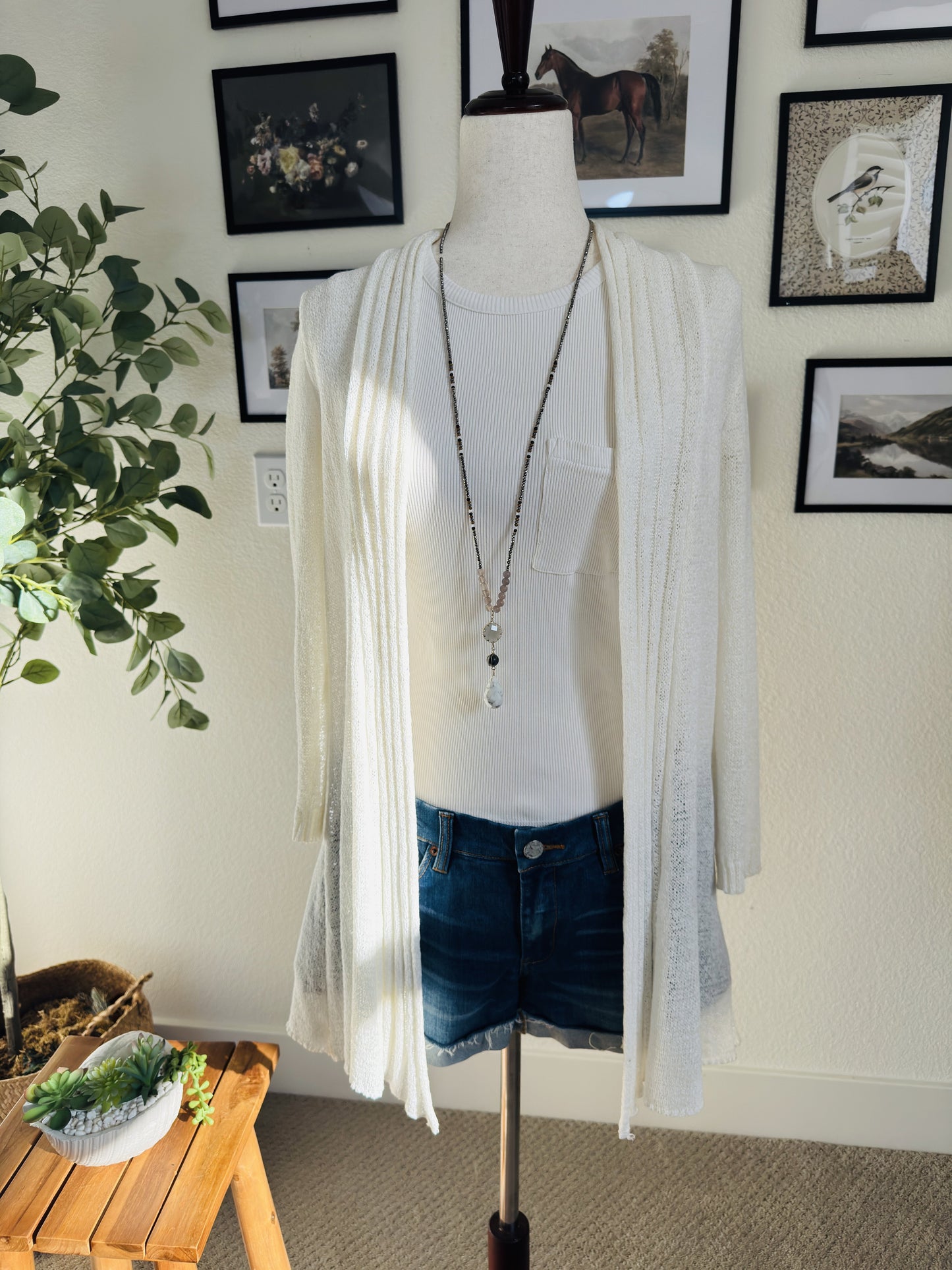 Fever White Open Front Crochet Lace Back Cardigan - Size M