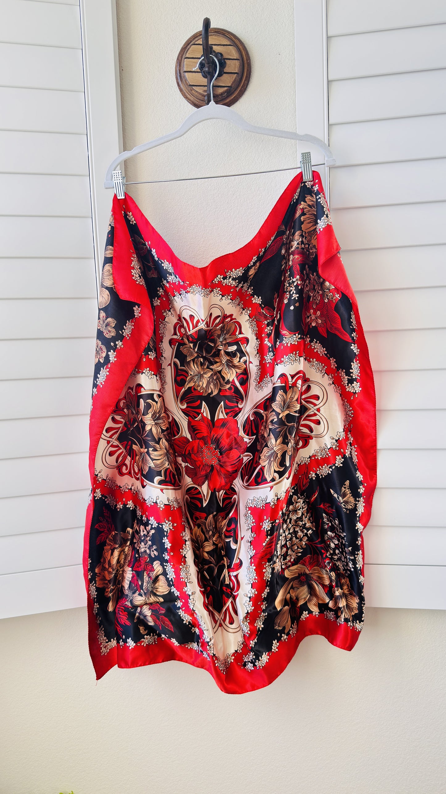 Red and Black Ornate Floral Print Satin Square Scarf