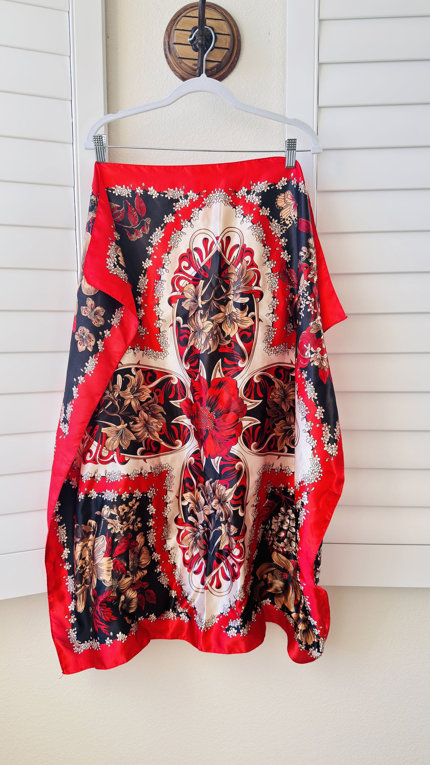 Red and Black Ornate Floral Print Satin Square Scarf