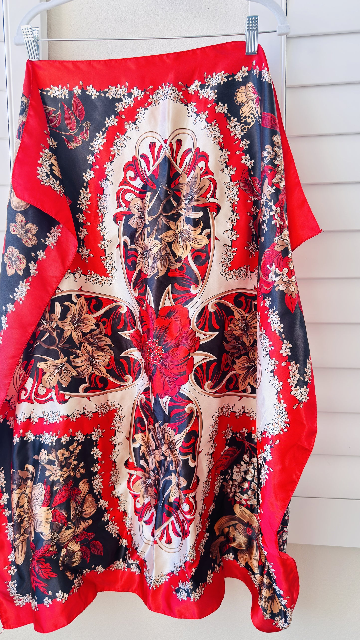 Red and Black Ornate Floral Print Satin Square Scarf