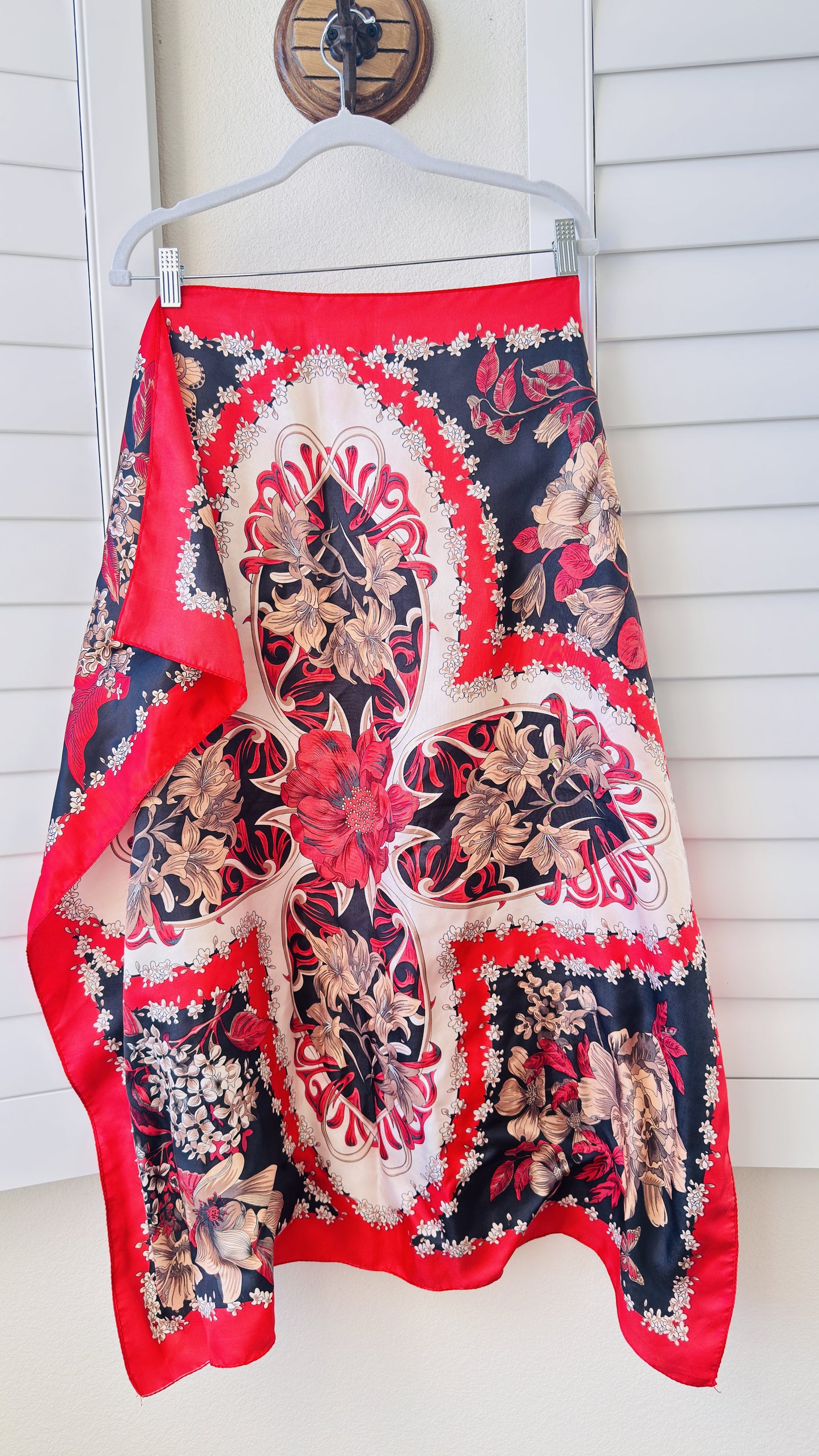 Red and Black Ornate Floral Print Satin Square Scarf