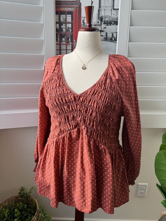 Ava & Viv Rust Diamond Print Smocked Peplum Top, Size 1X
