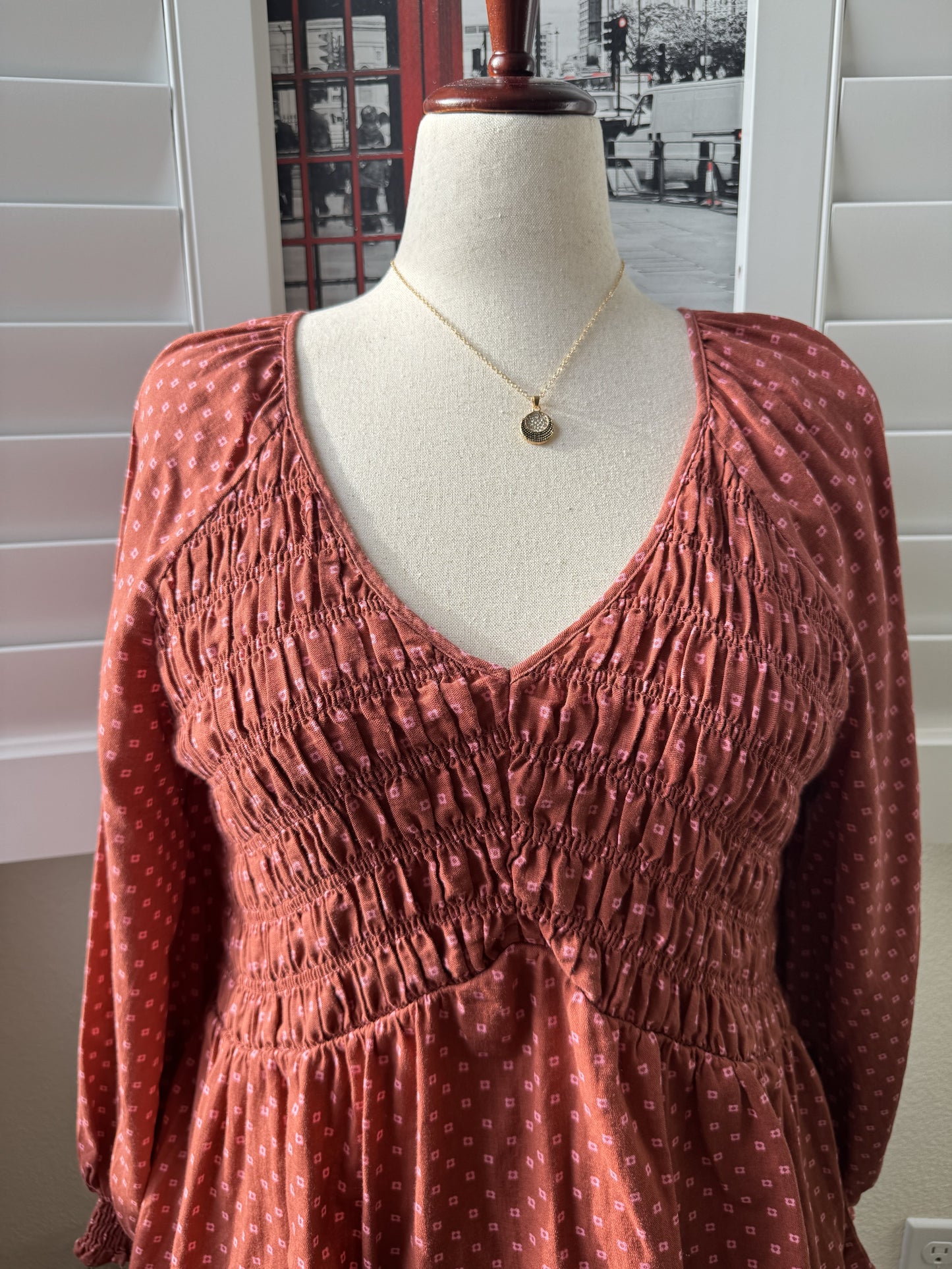 Ava & Viv Rust Diamond Print Smocked Peplum Top, Size 1X