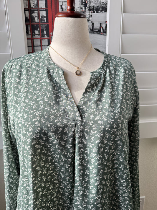 Gaharu Green Floral Long Sleeve V-Neck Blouse Size XXL