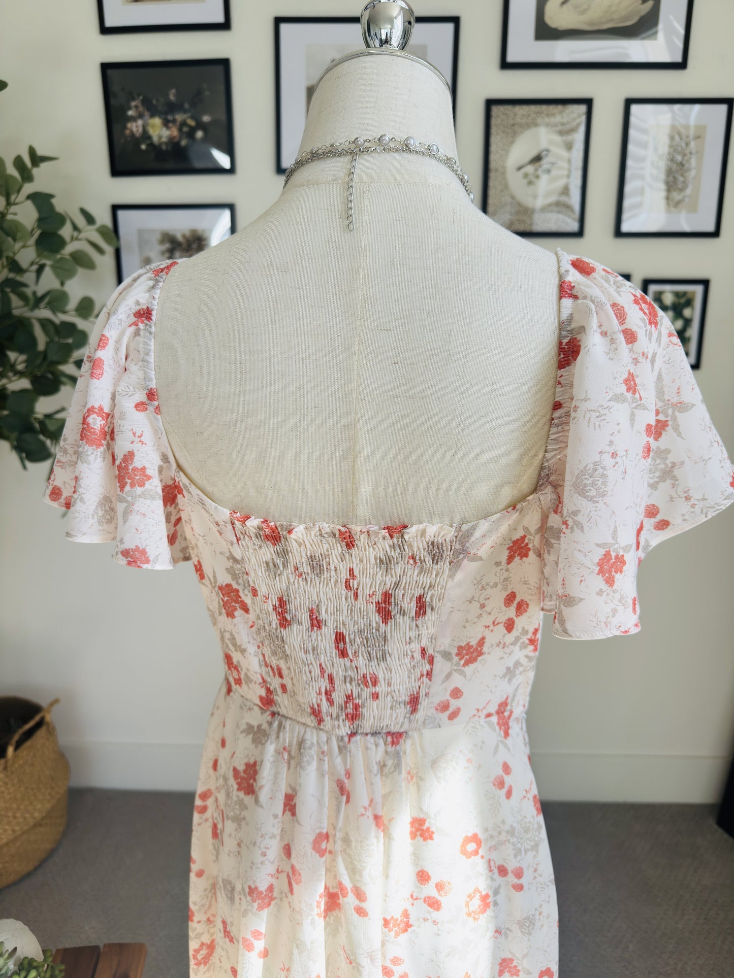 Boutique Floral Print Flutter Sleeve Maxi Dress - Size M