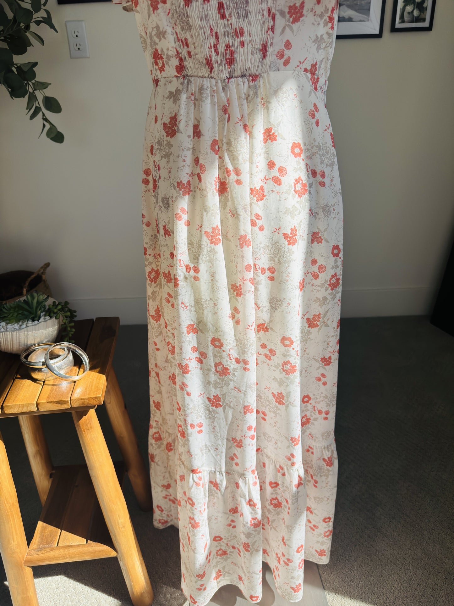 Boutique Floral Print Flutter Sleeve Maxi Dress - Size M