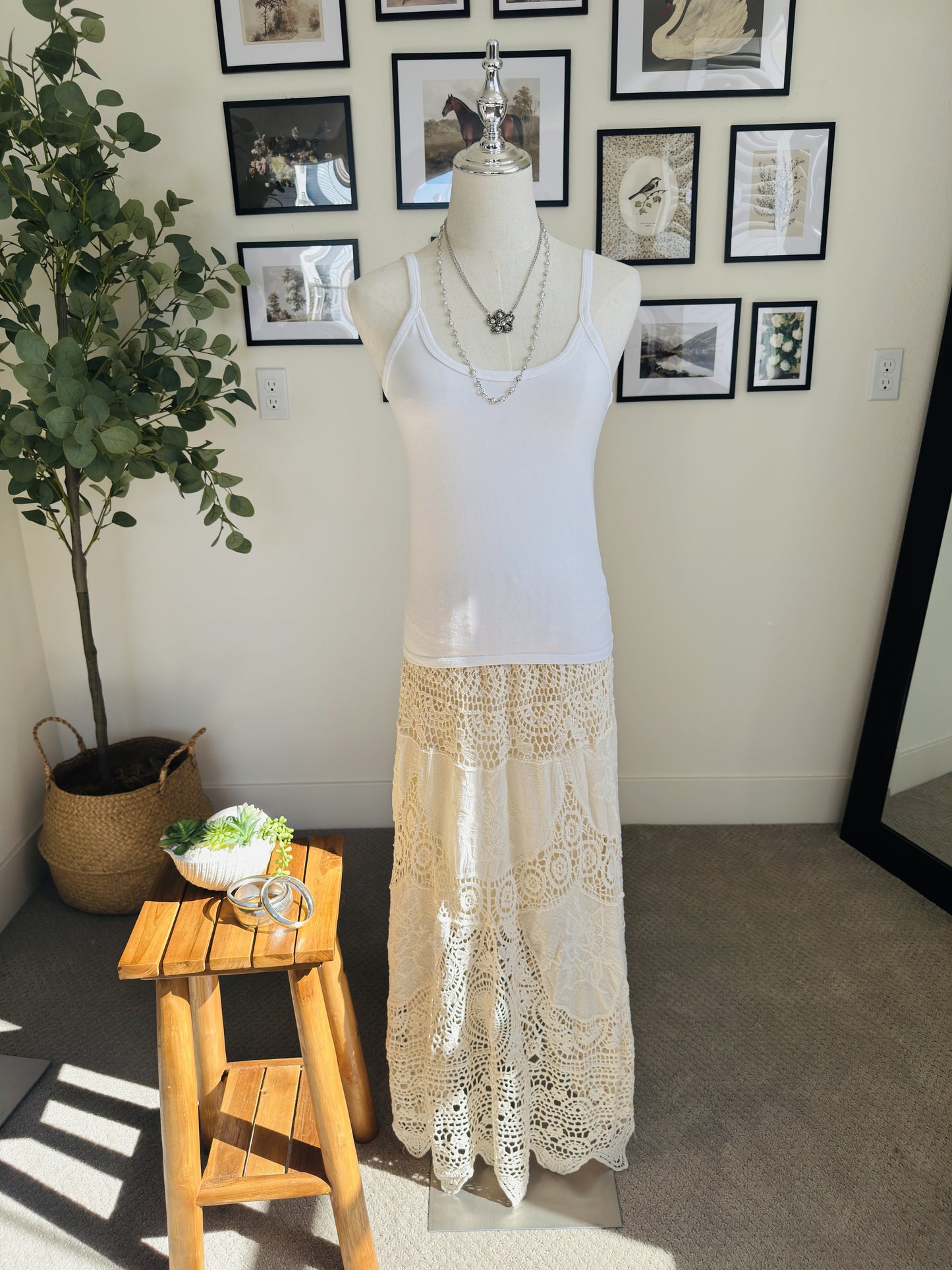 Boutique Cream Crochet Lace Tiered Boho Maxi Skirt - Size M