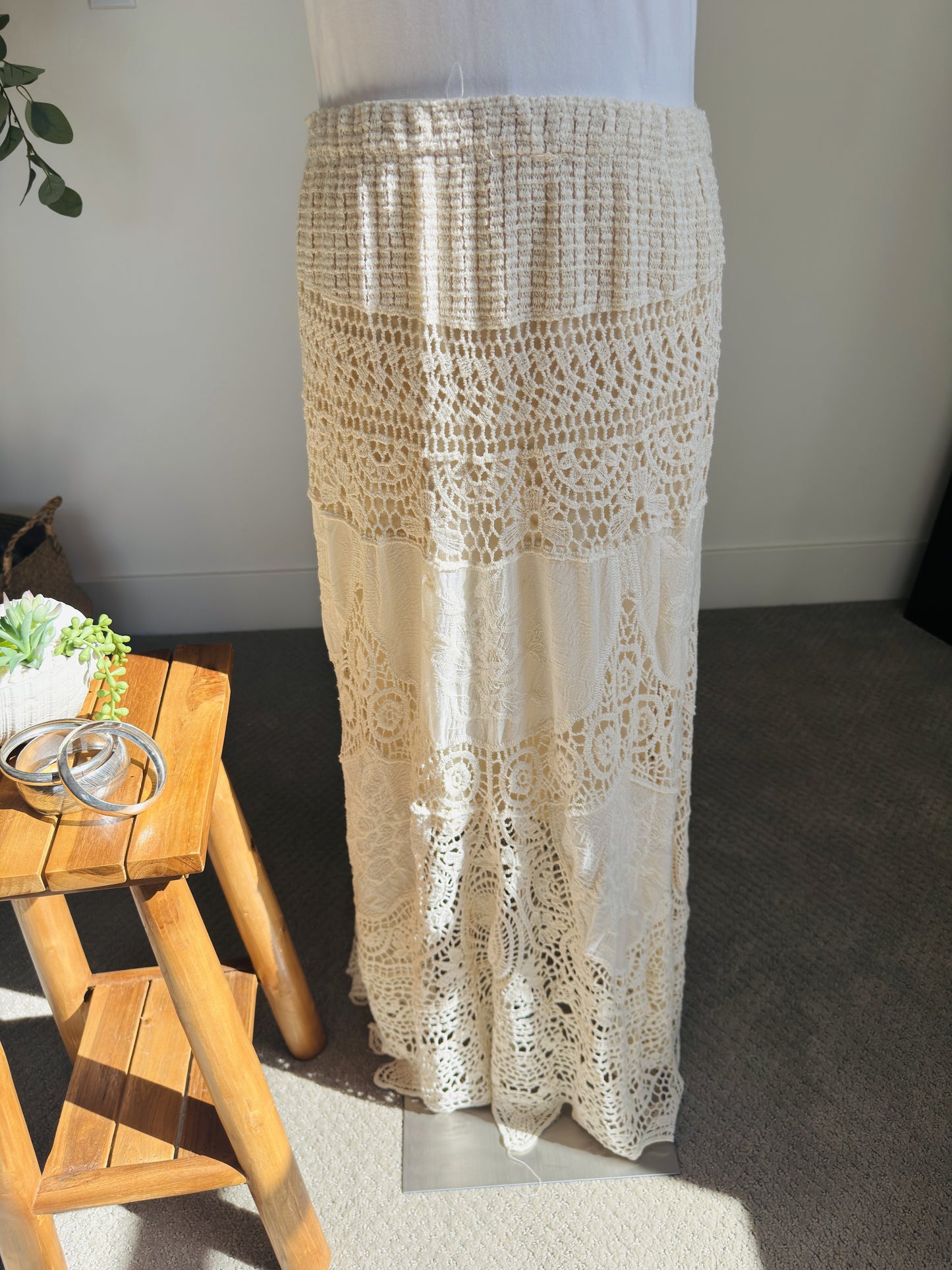 Boutique Cream Crochet Lace Tiered Boho Maxi Skirt - Size M