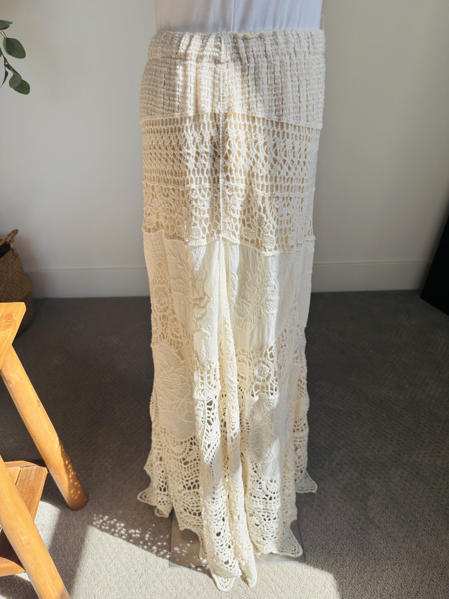 Boutique Cream Crochet Lace Tiered Boho Maxi Skirt - Size M