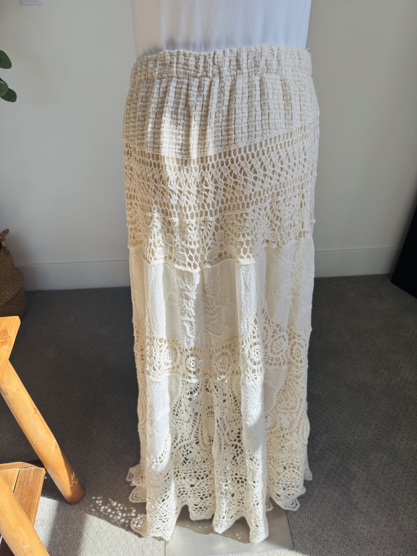 Boutique Cream Crochet Lace Tiered Boho Maxi Skirt - Size M