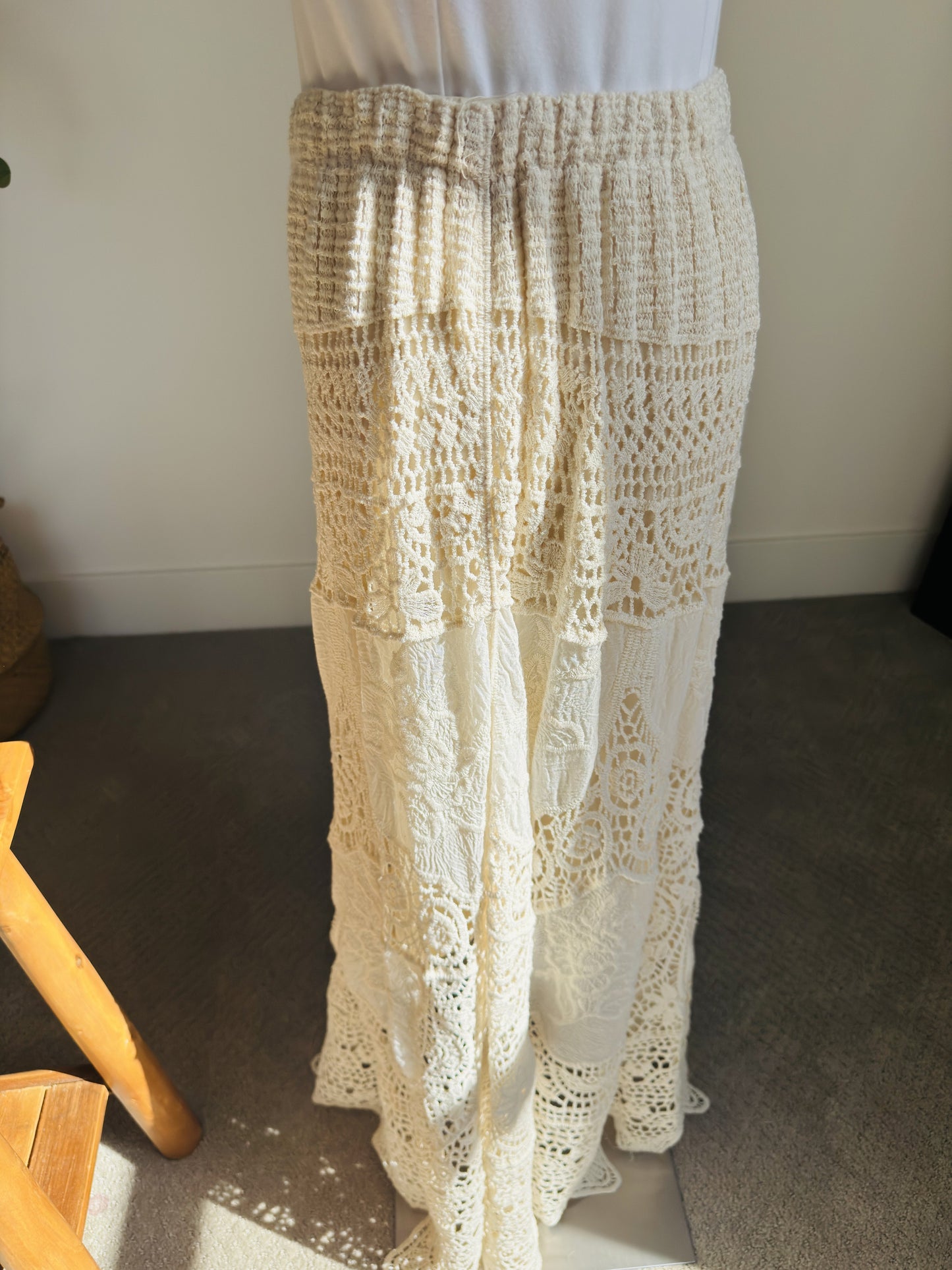 Boutique Cream Crochet Lace Tiered Boho Maxi Skirt - Size M