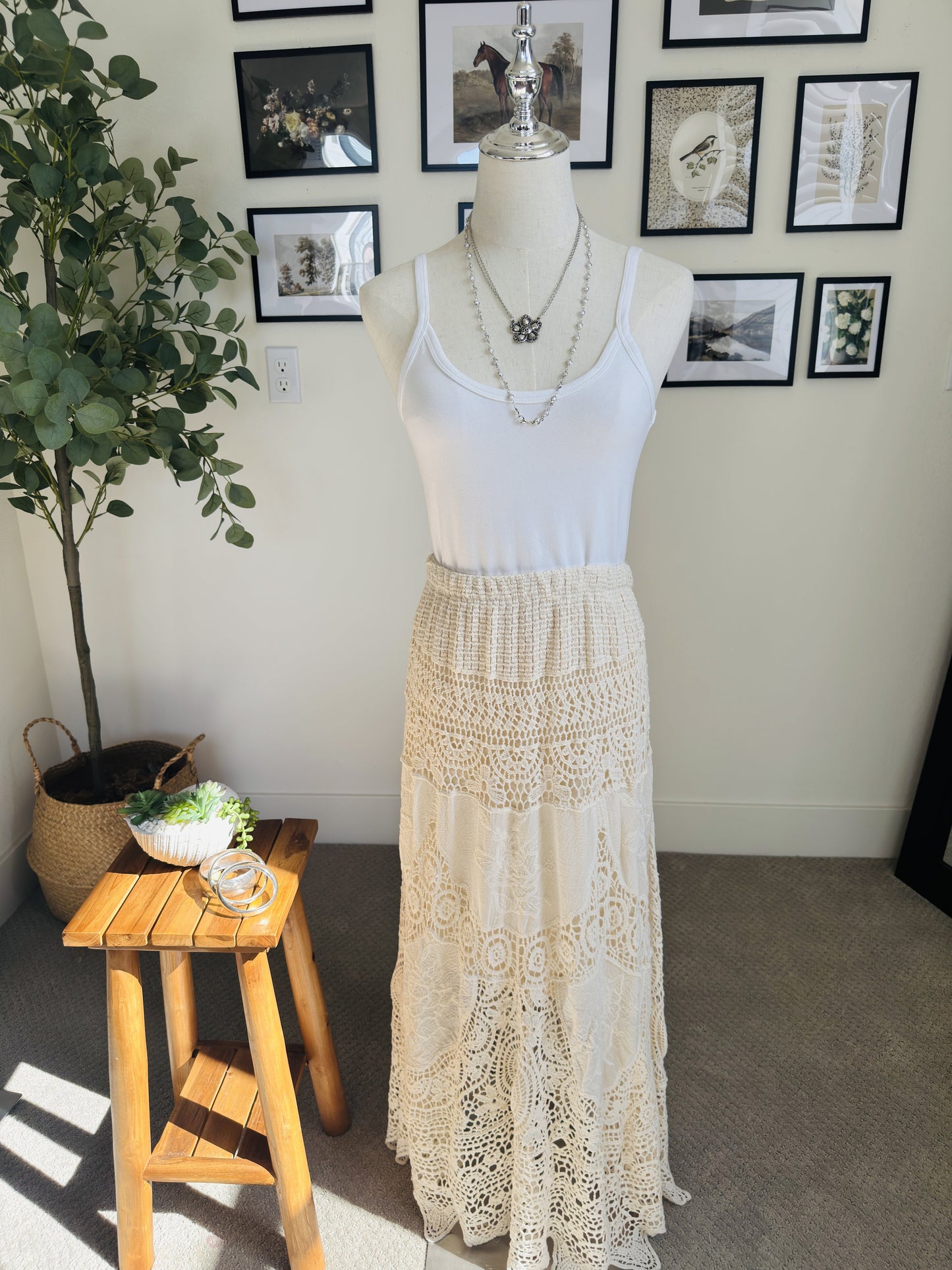 Boutique Cream Crochet Lace Tiered Boho Maxi Skirt - Size M