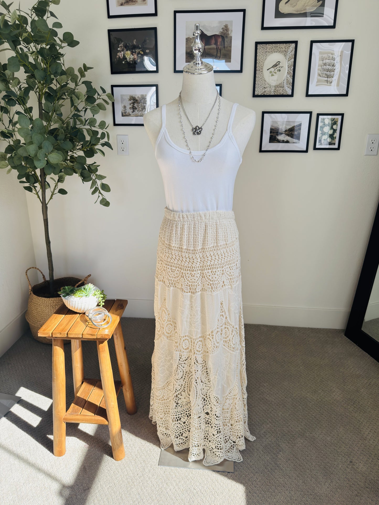 Boutique Cream Crochet Lace Tiered Boho Maxi Skirt - Size M