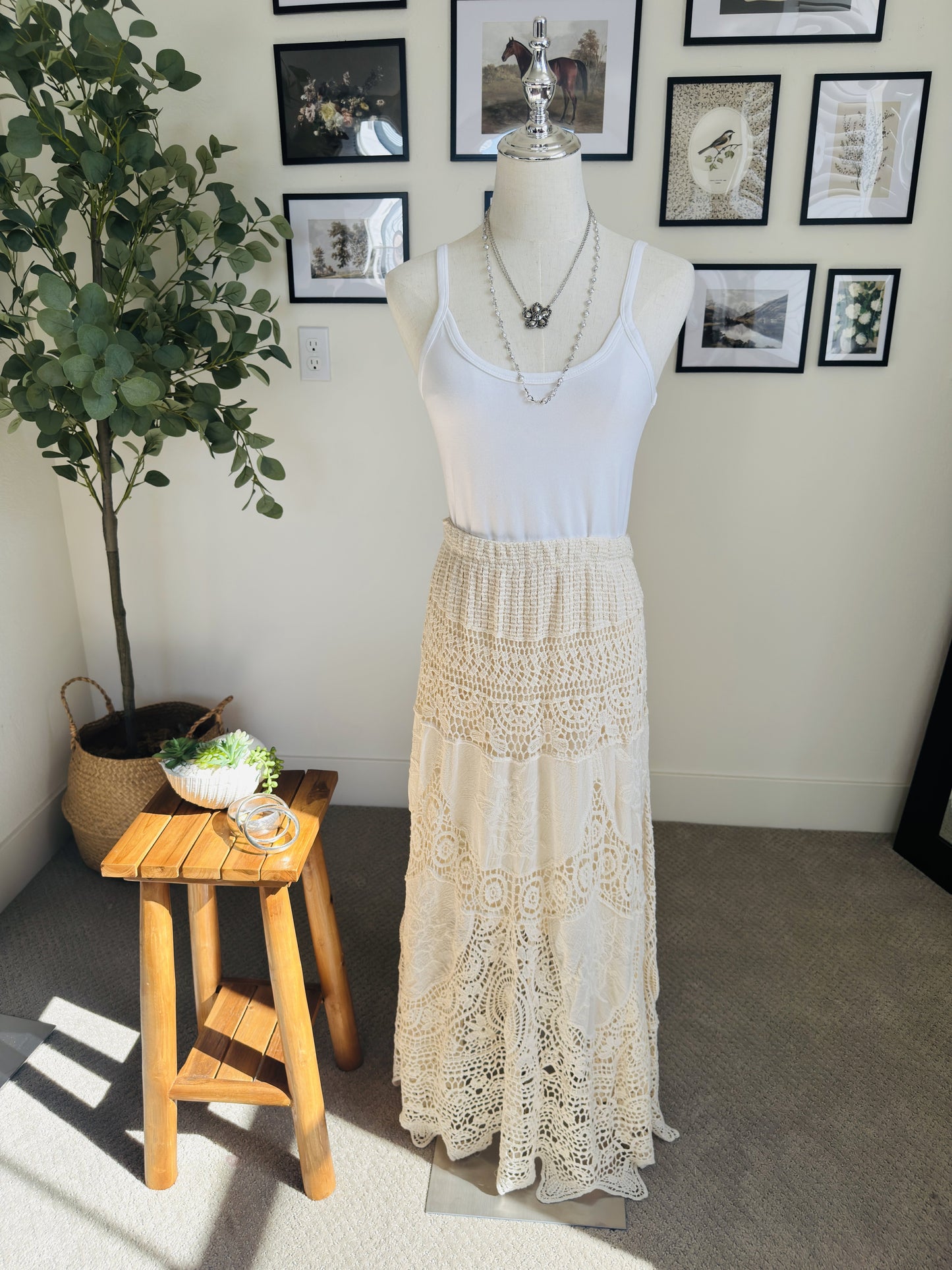 Boutique Cream Crochet Lace Tiered Boho Maxi Skirt - Size M