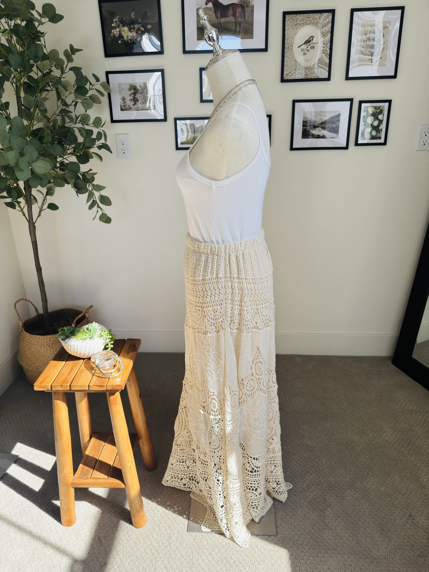 Boutique Cream Crochet Lace Tiered Boho Maxi Skirt - Size M