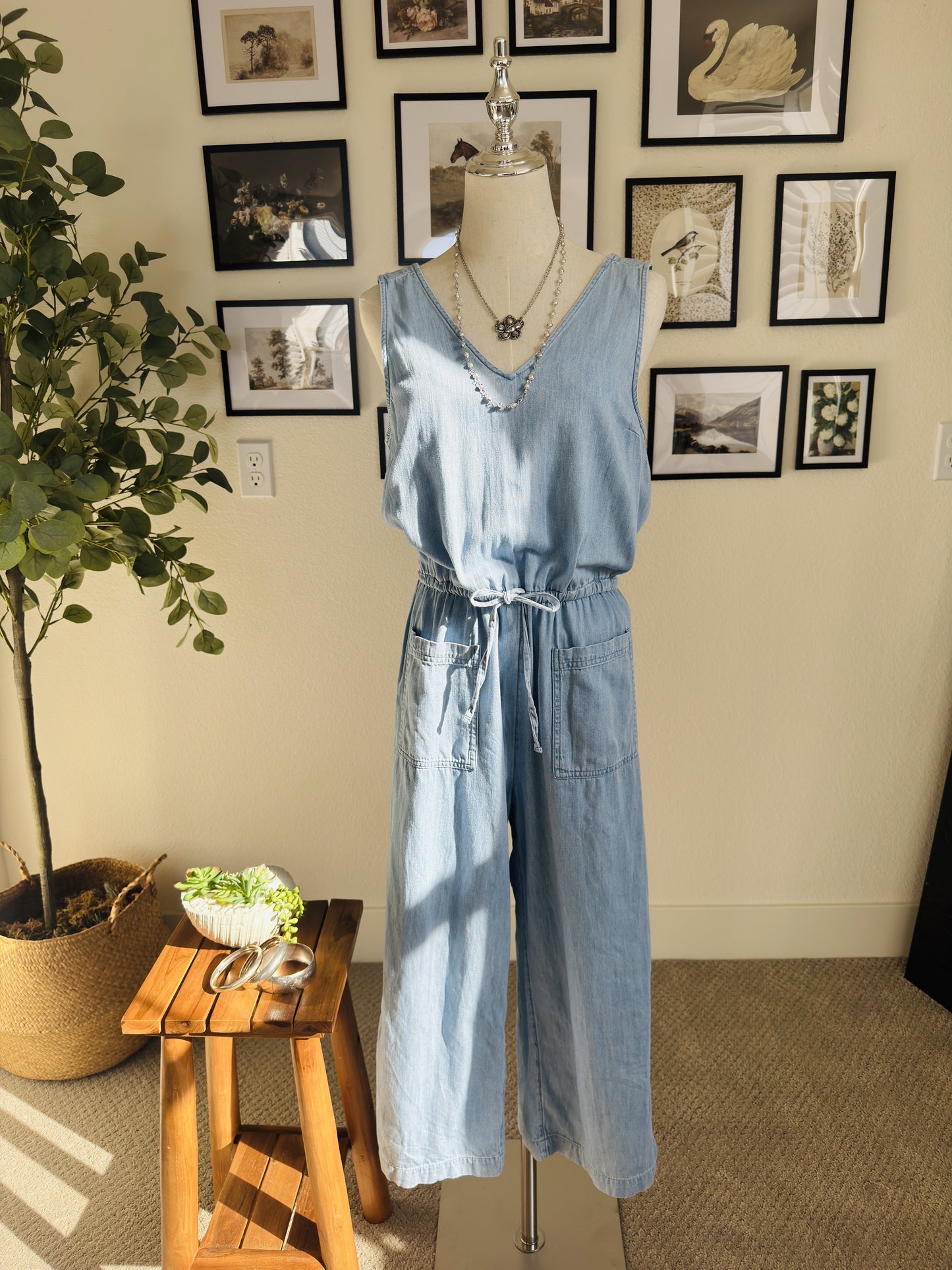 Old Navy Light Wash Cotton Chambray Sleeveless Jumpsuit Size S