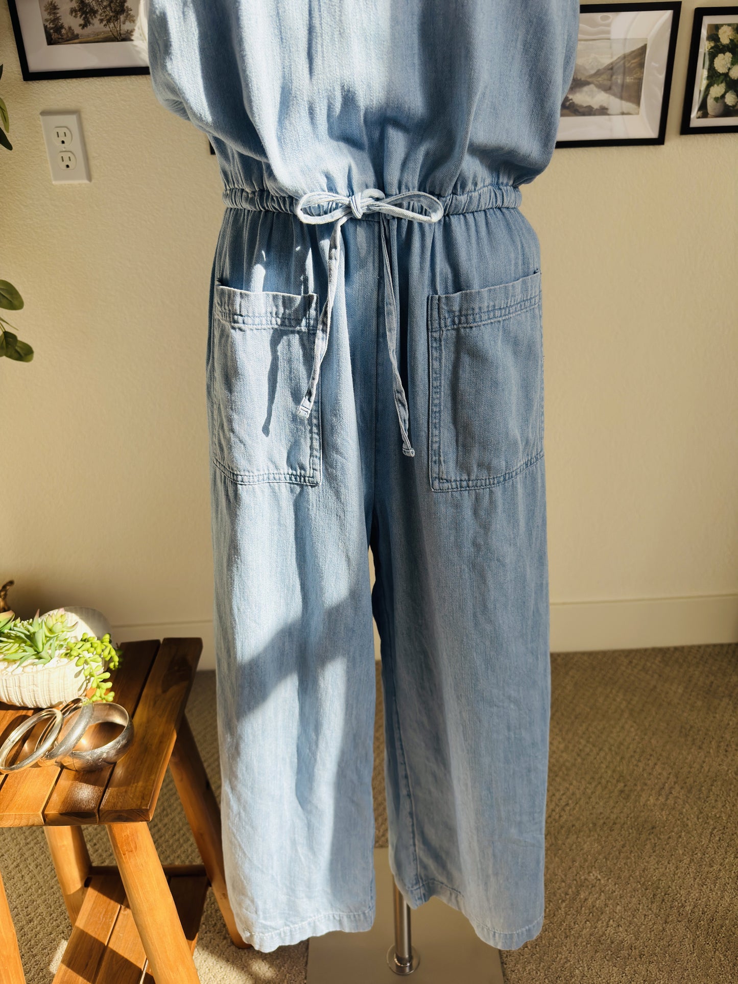 Old Navy Light Wash Cotton Chambray Sleeveless Jumpsuit Size S