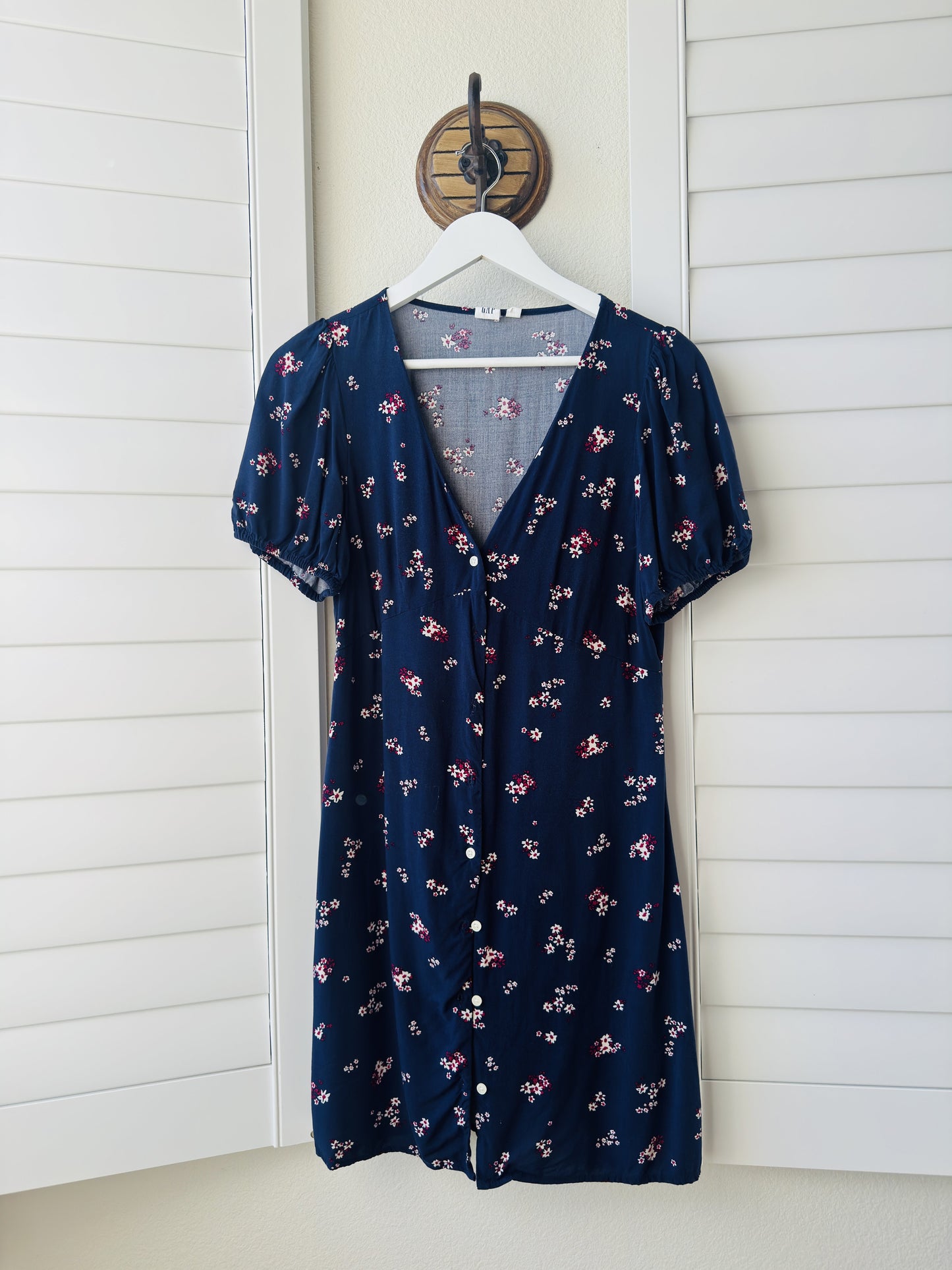 Gap Navy Blue Floral V-Neck Puff Sleeve Dress - Size M