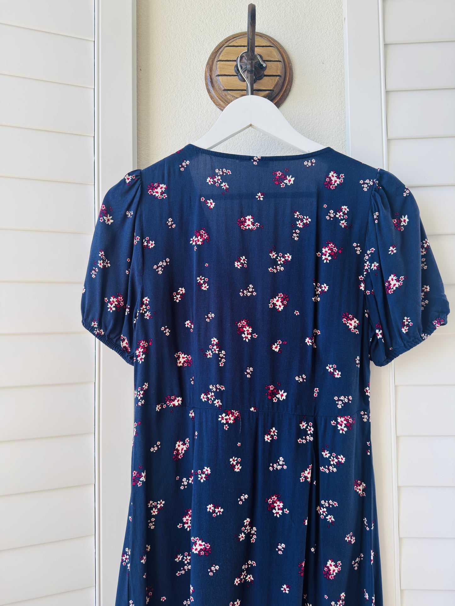 Gap Navy Blue Floral V-Neck Puff Sleeve Dress - Size M